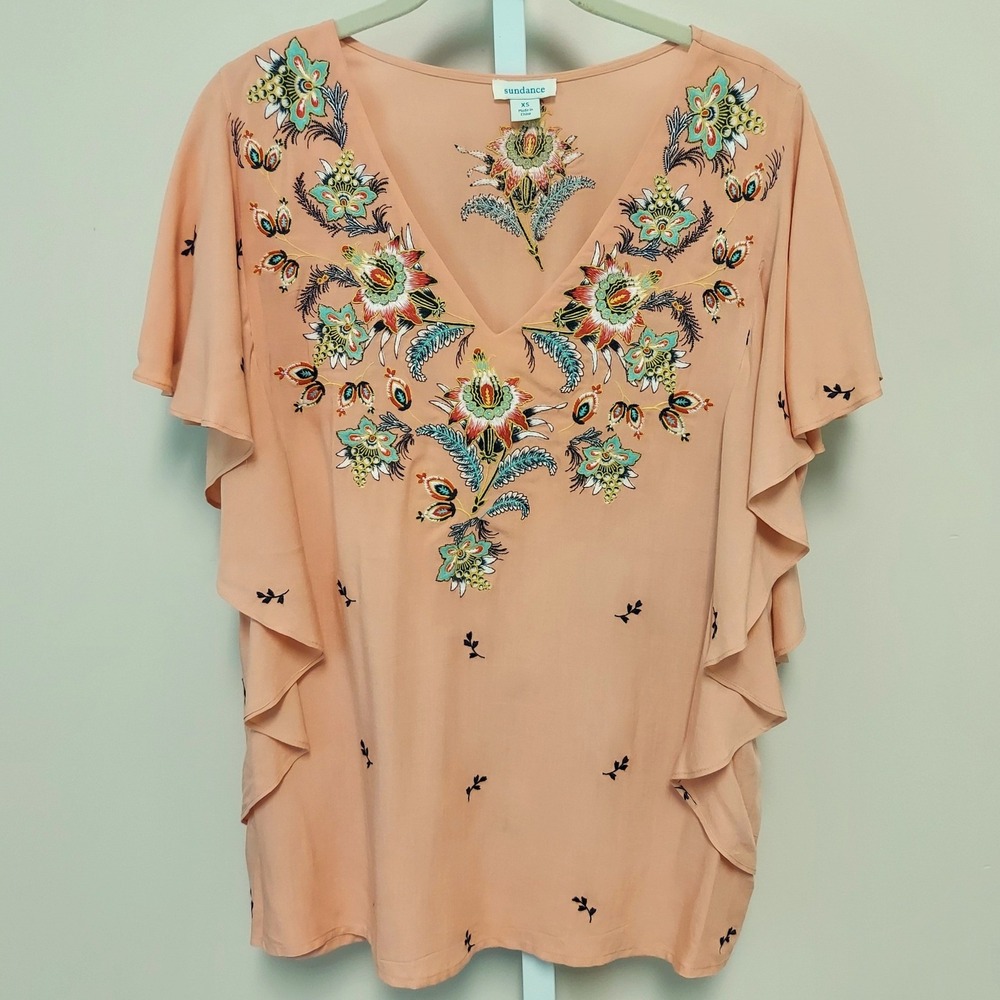 Sundance Womens XS Peach Embroidered Floral Ruffle Flutter Sleeve Blouse Boho